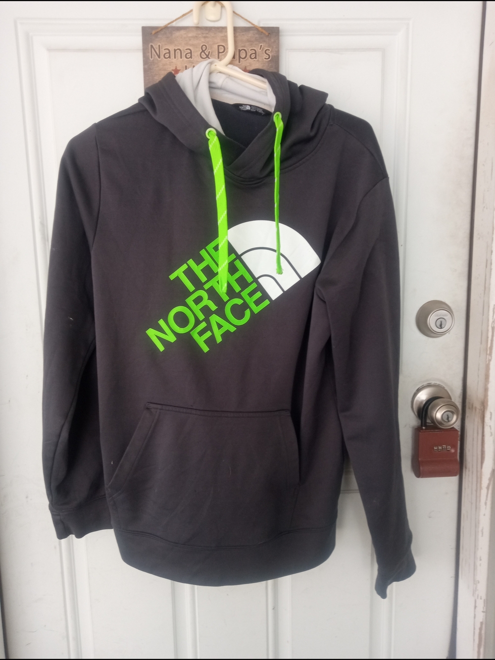 The North Face Charcoal Hoodie with Neon Green Logo and Drawstrings